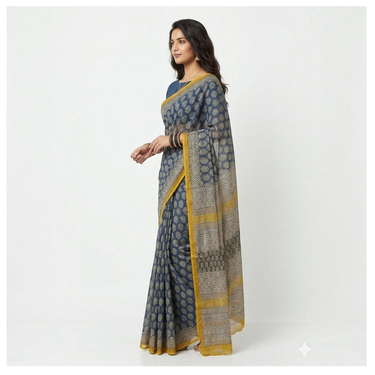 Blue Offwhite Handblock Kota Cotton Saree
