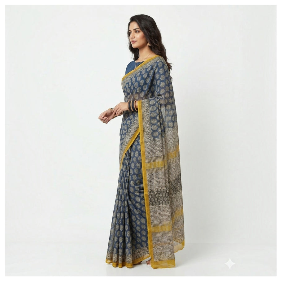 Blue Offwhite Handblock Kota Cotton Saree