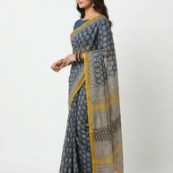 Dark Blue Lotus Handblock Kota Cotton Saree