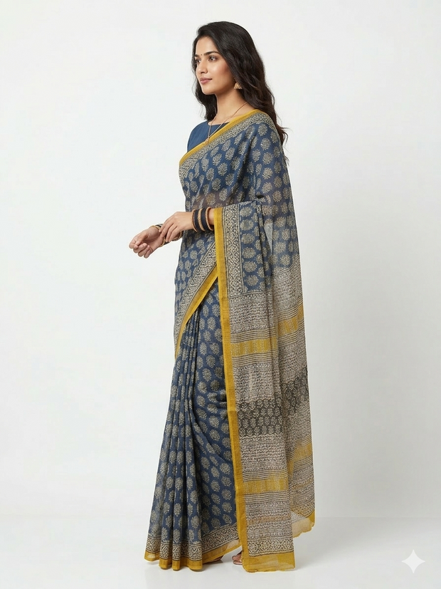 Dark Blue Lotus Handblock Kota Cotton Saree