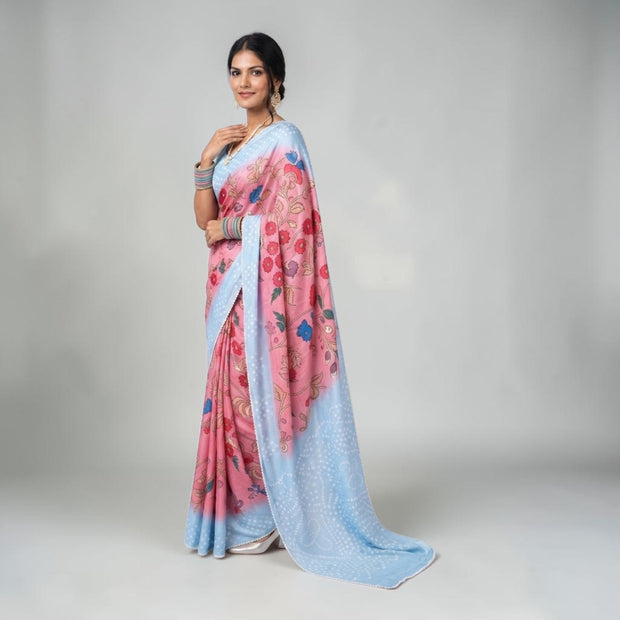 Pink Kalmakari Bandhani Makhmali Silk Saree