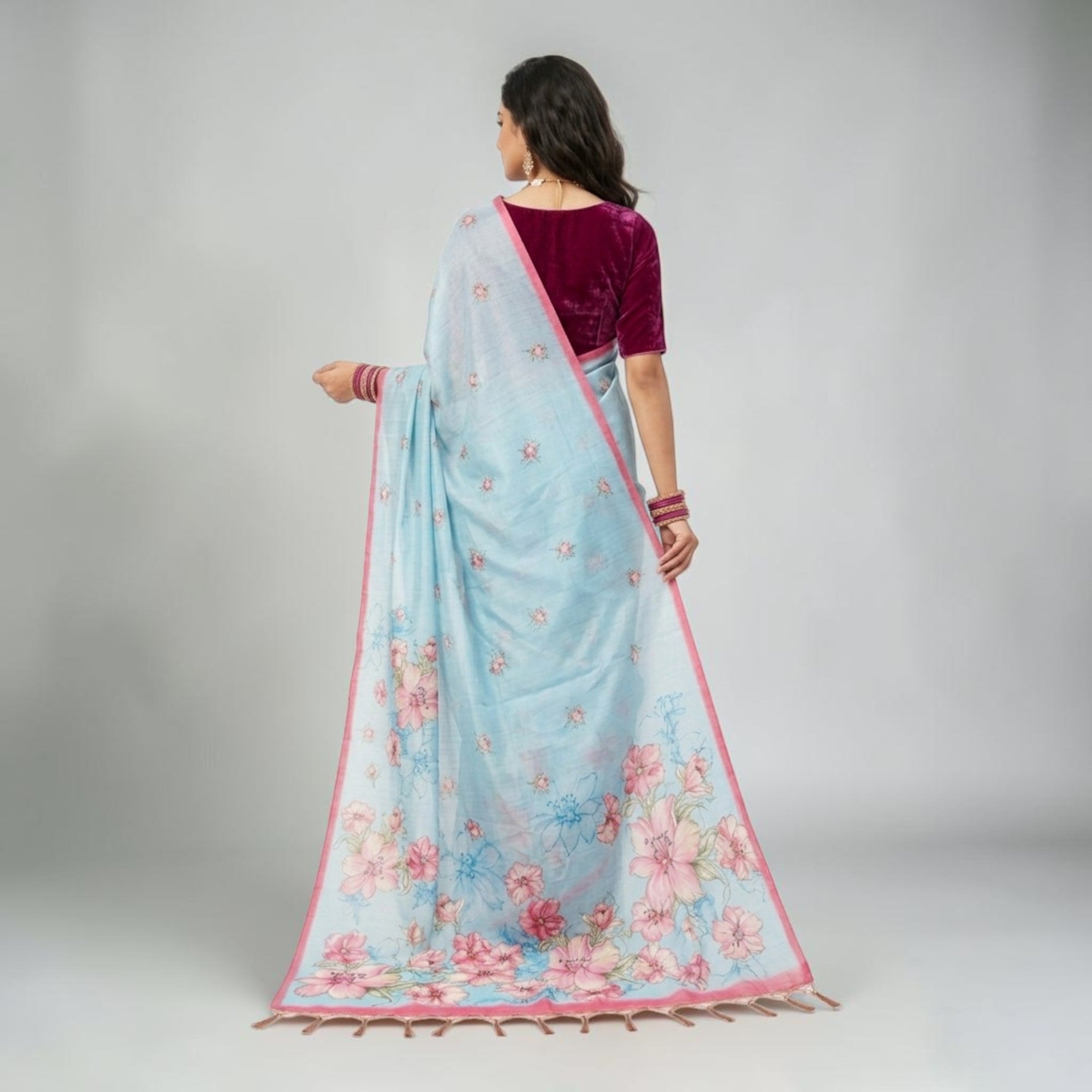 Blue Tussar Floral Silk Saree