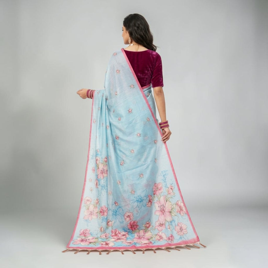 Blue Tussar Floral Silk Saree
