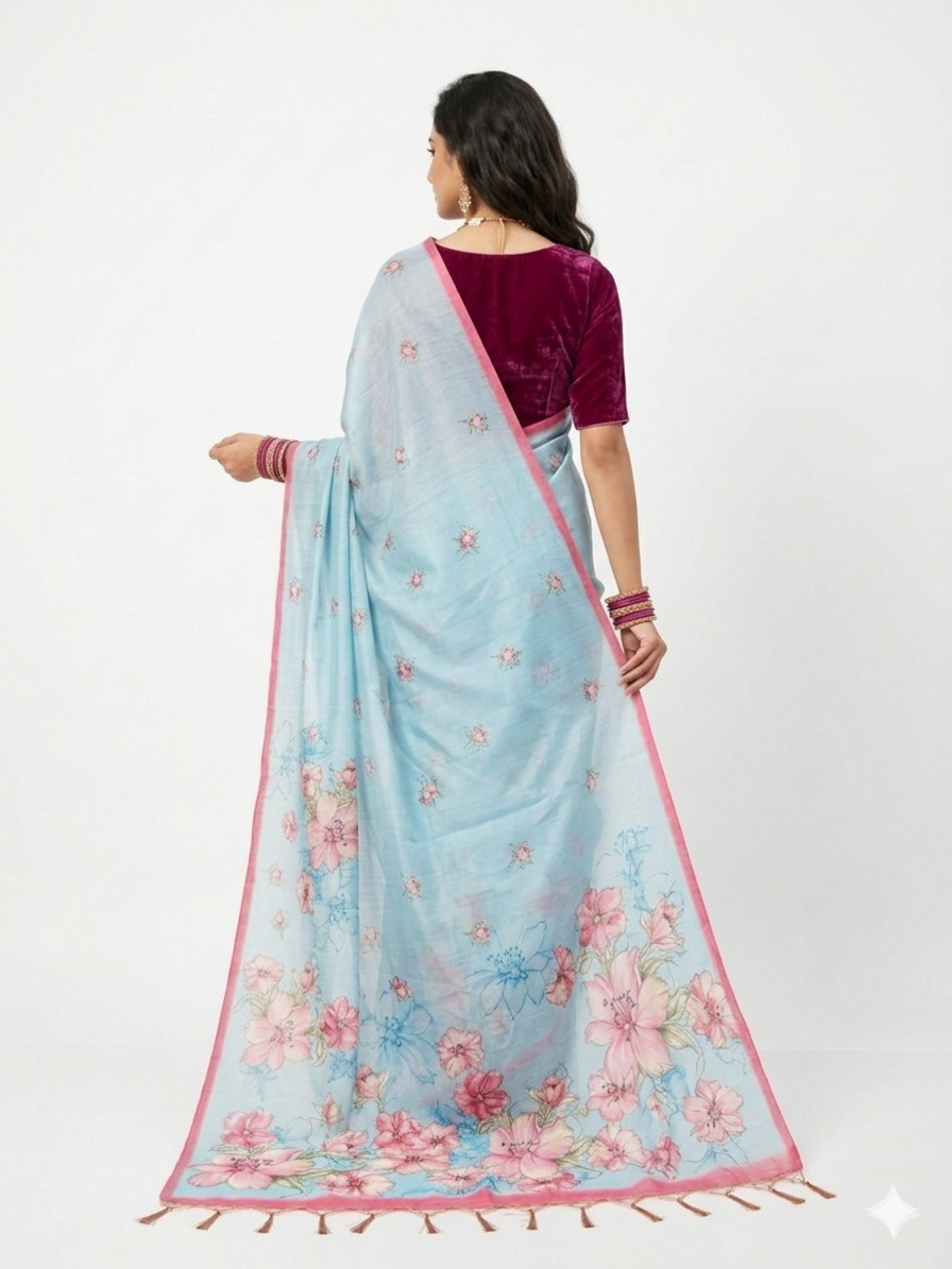 Blue Tussar Floral Silk Saree