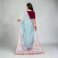 Blue Tussar Floral Silk Saree