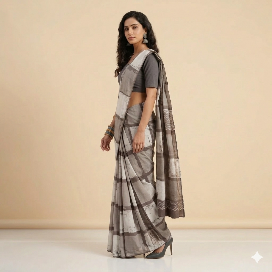 Grey White Check Handblock Cotton Saree