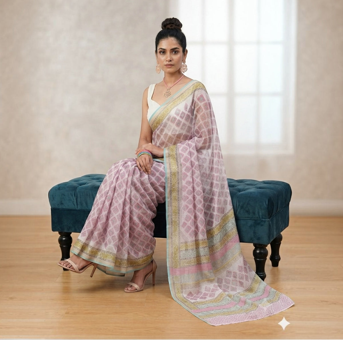 White Pink Floral Handblock Kota Cotton Saree