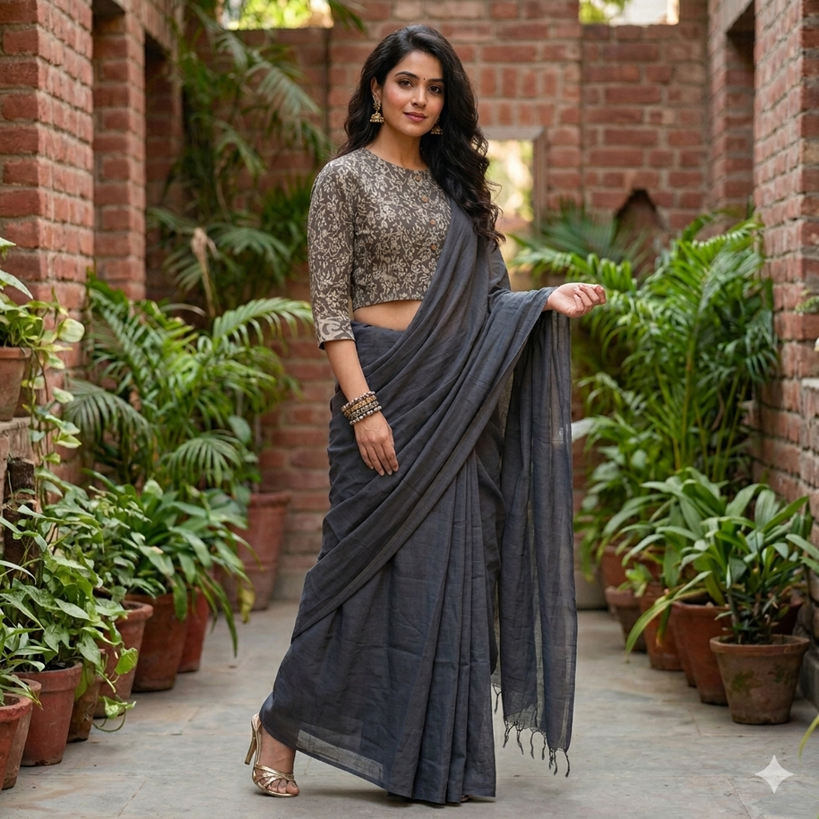 Dark Grey Handblock Cotton Blouse