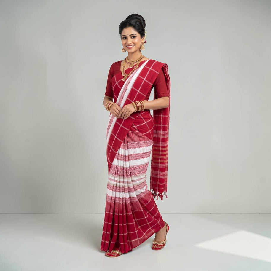 White Red Stripe Handwoven Cotton Saree