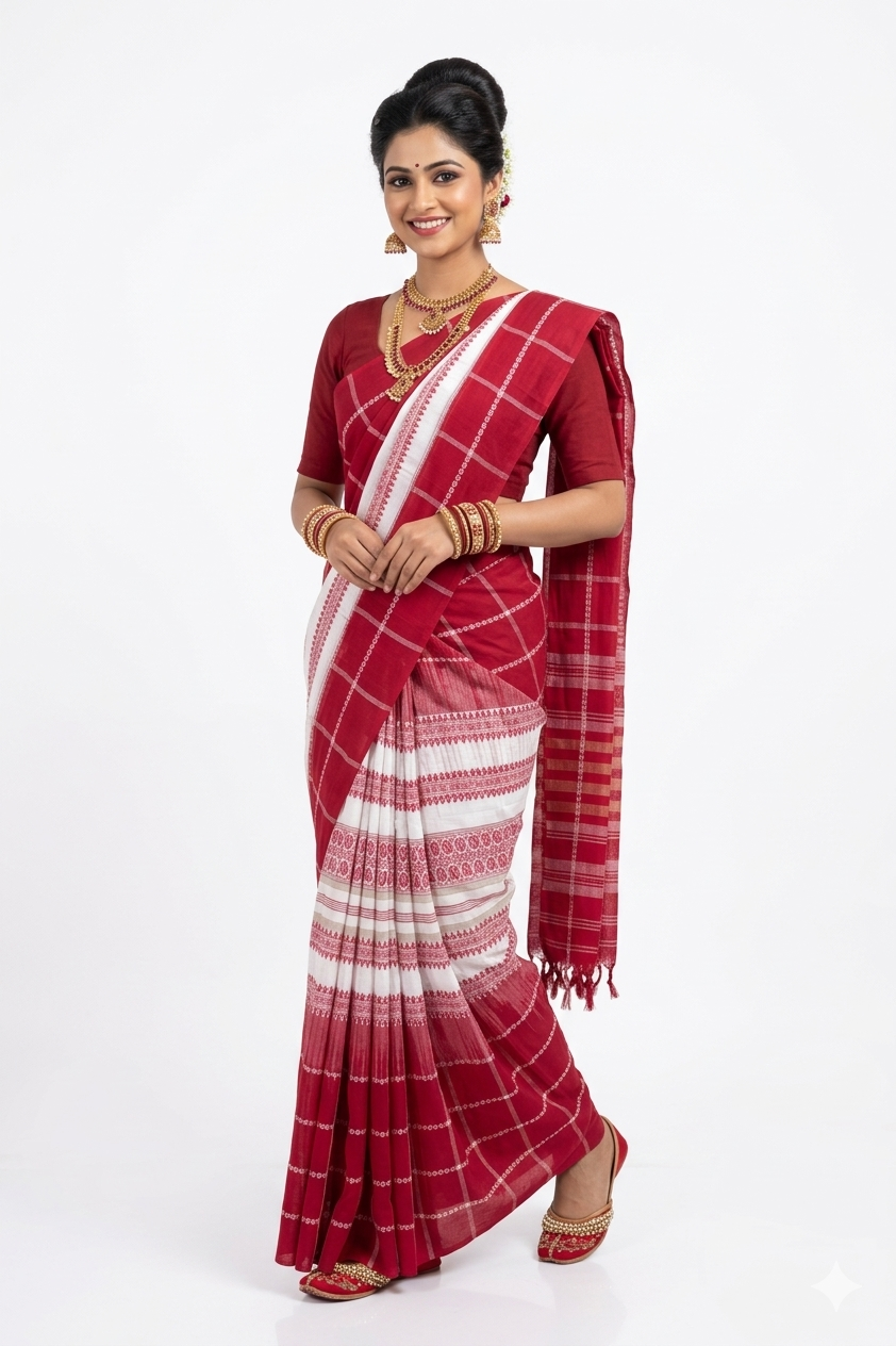 White Red Check Handwoven Cotton Saree