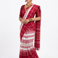 White Red Check Handwoven Cotton Saree