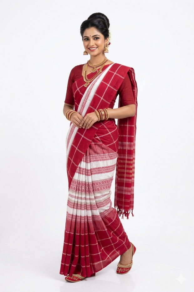 White Red Check Handwoven Cotton Saree