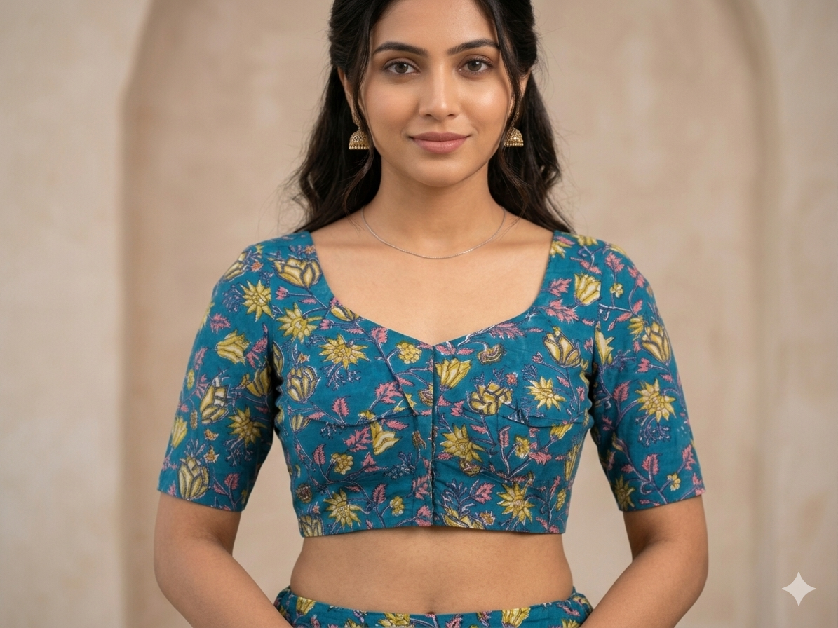 Teal Blue Handblock Cotton Blouse