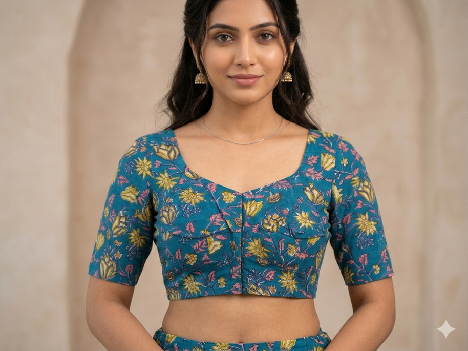 Teal Blue Handblock Cotton Blouse