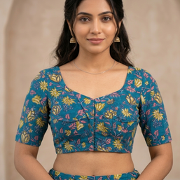 Teal Blue Handblock Cotton Blouse