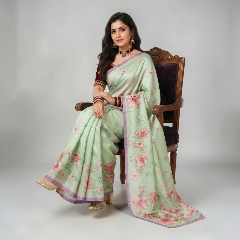 Green Tussar Floral Silk Saree