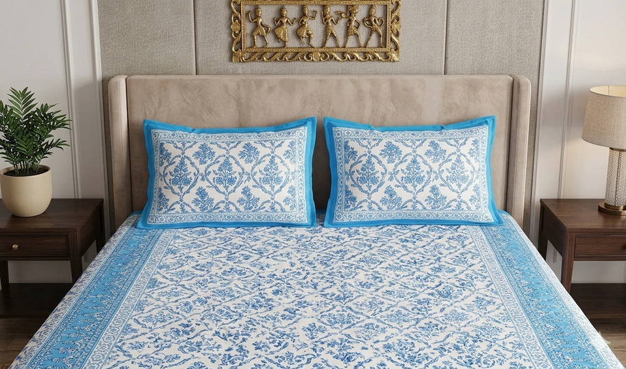 Sky Blue White Handblock Print Double Bedsheet