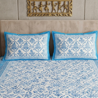 Sky Blue White Handblock Print Double Bedsheet