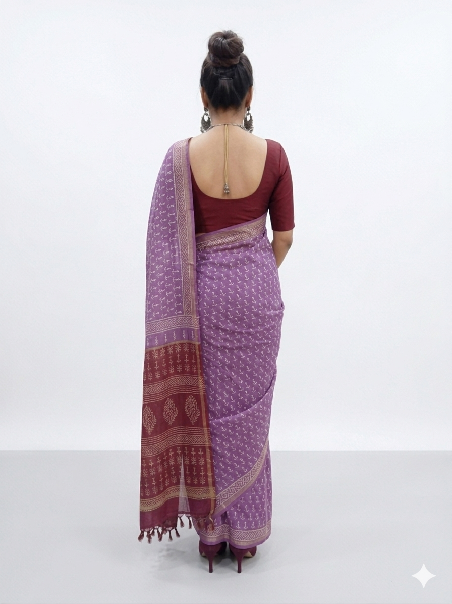 Purple Handblock Chanderi Saree