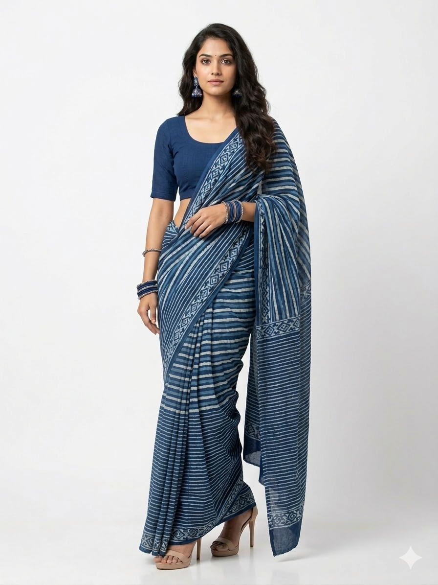 Blue White Stripe Handblock Print Cotton Saree