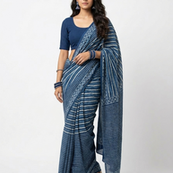 Blue White Stripe Handblock Print Cotton Saree