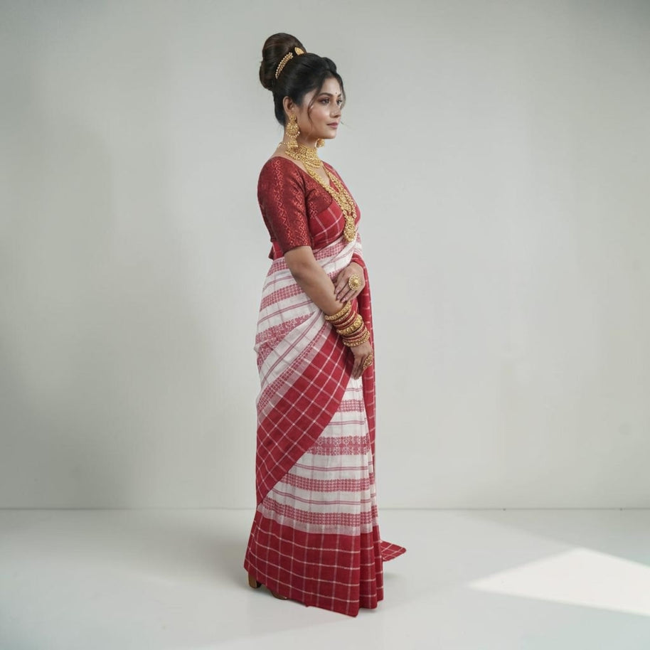White Red Check Handwoven Cotton Saree