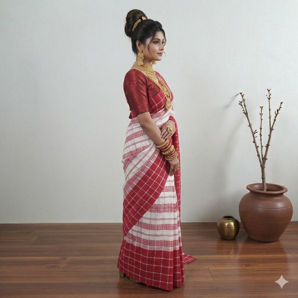 White Red Check Handwoven Cotton Saree