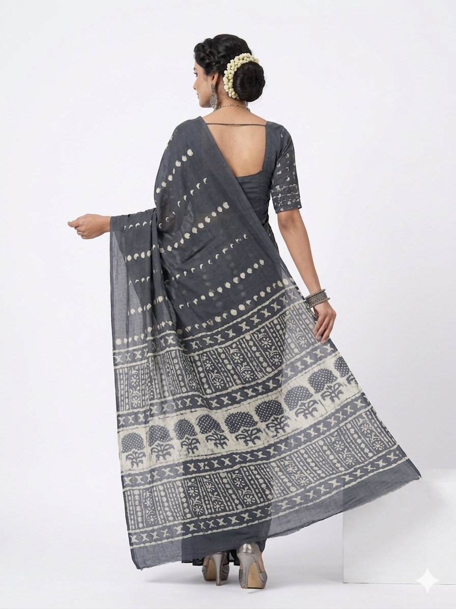 Dark Blue Handblock Cotton Saree