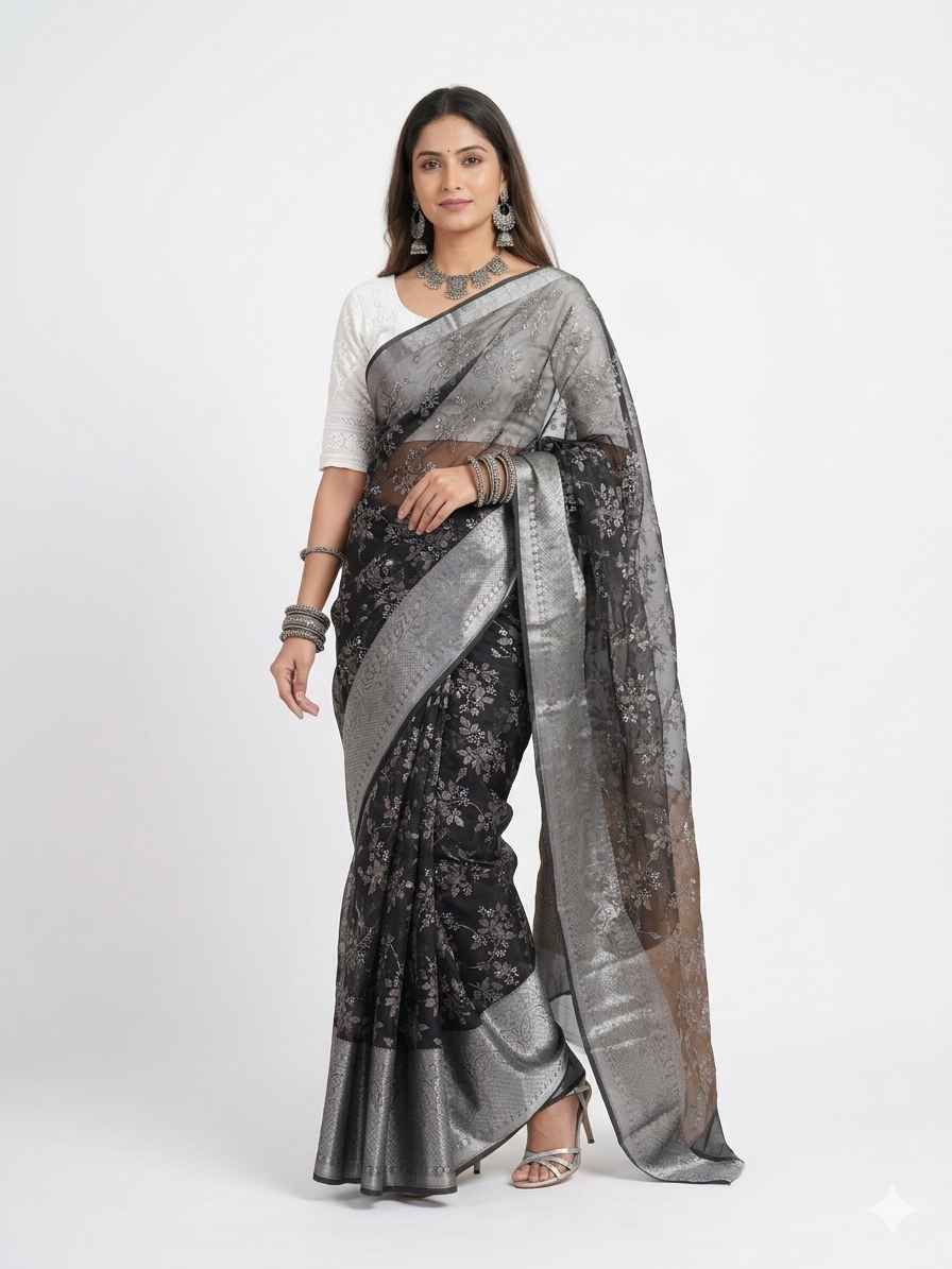 Black Grey Floral Tissue Saree