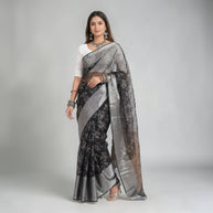 Black Grey Floral Tissue Saree