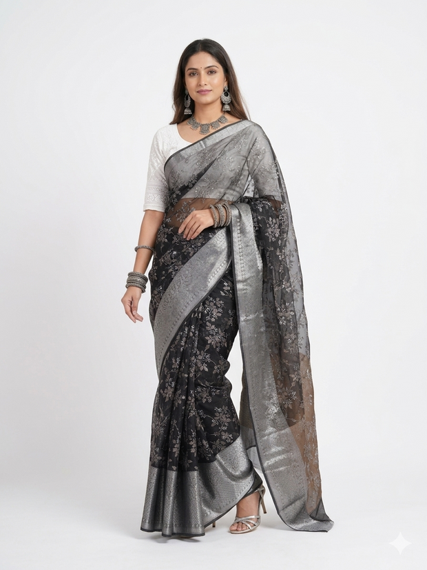 Black Grey Floral Tissue Saree