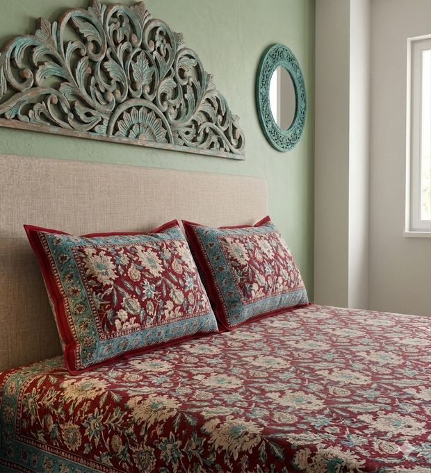 Maroon White Handblock Print Double Bedsheet