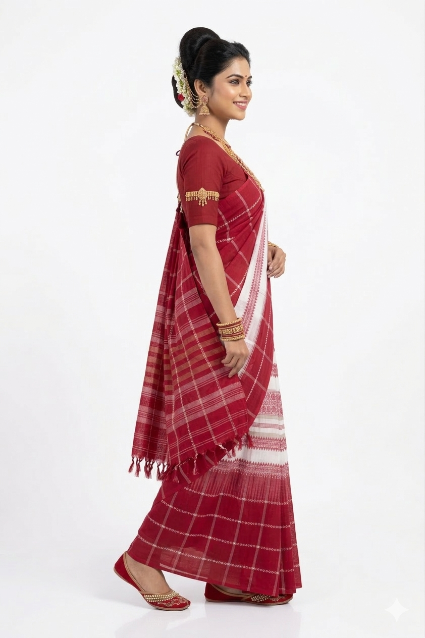 White Red Check Handwoven Cotton Saree