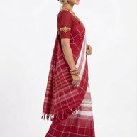 White Red Check Handwoven Cotton Saree