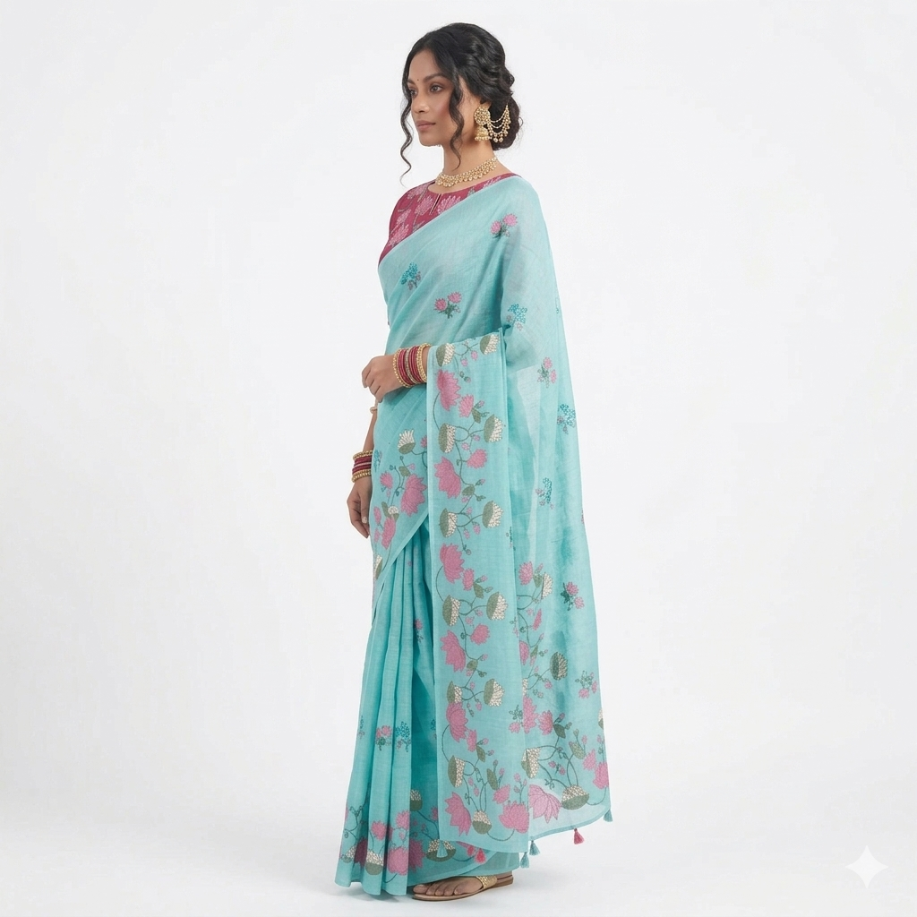 Light Green Pink Lotus Floral Cotton Saree
