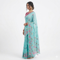 Light Green Pink Lotus Floral Cotton Saree