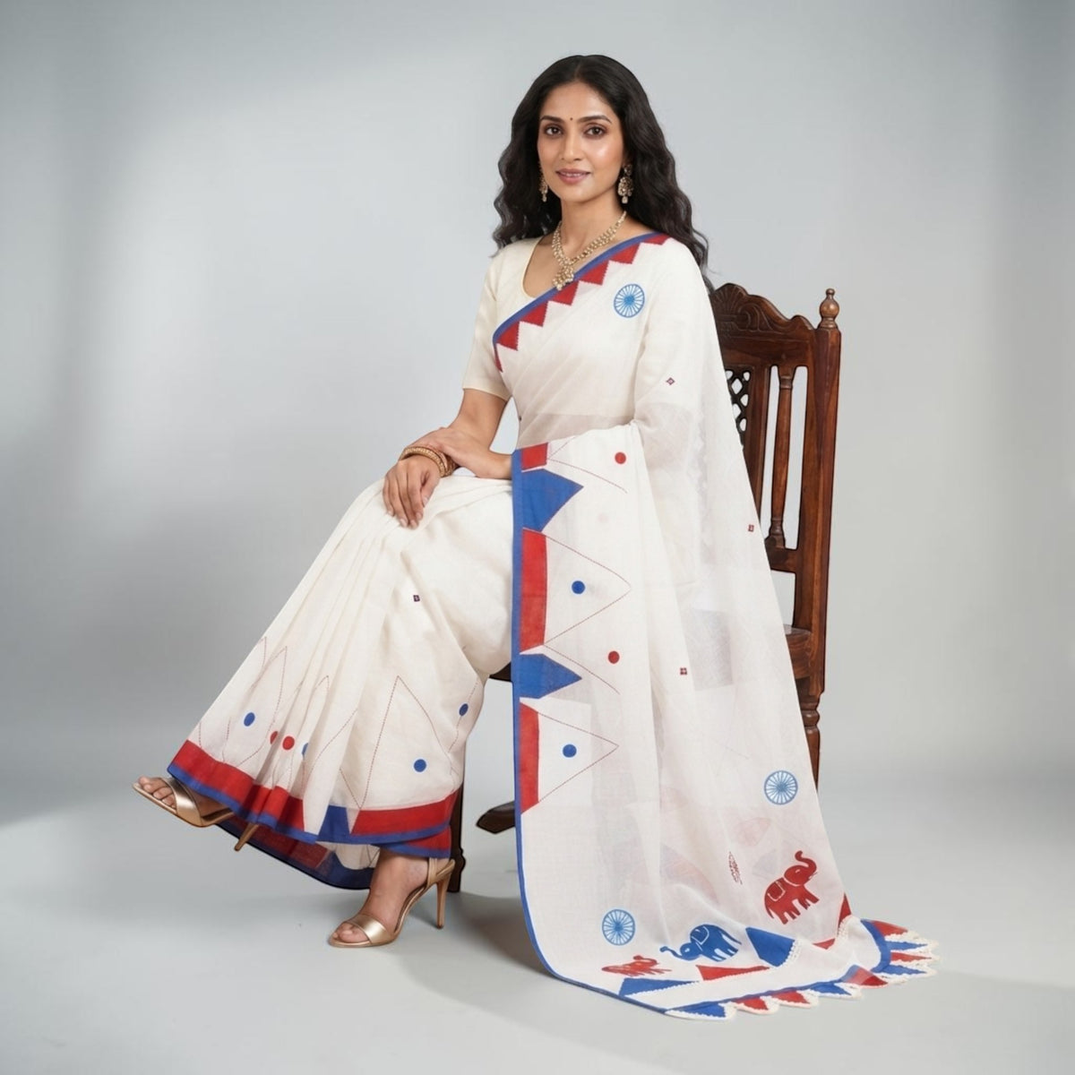 White Red Applique Cotton Saree
