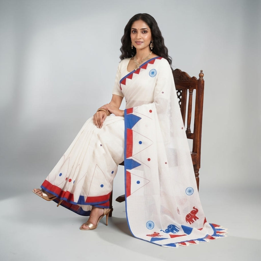White Red Applique Cotton Saree
