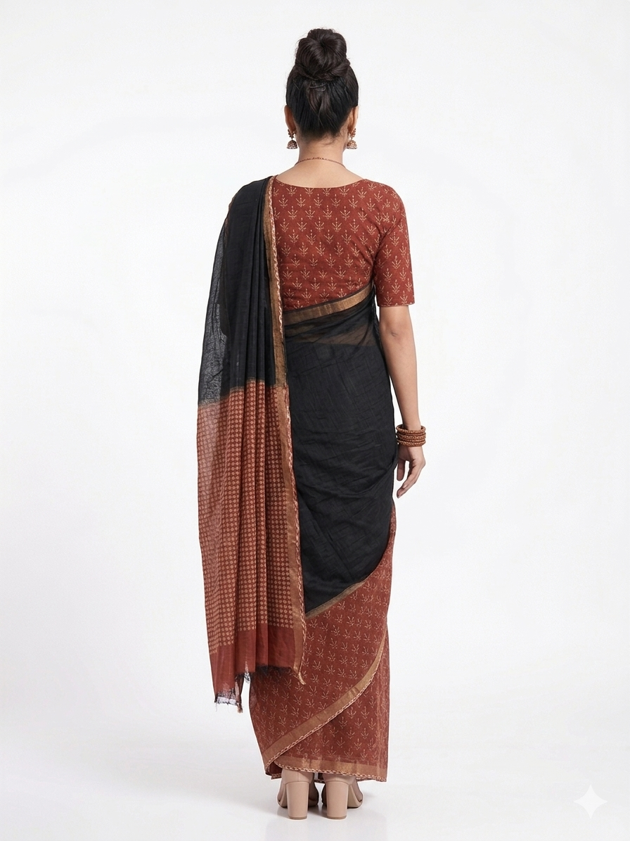 Black Floral Handblock Kota Cotton Saree