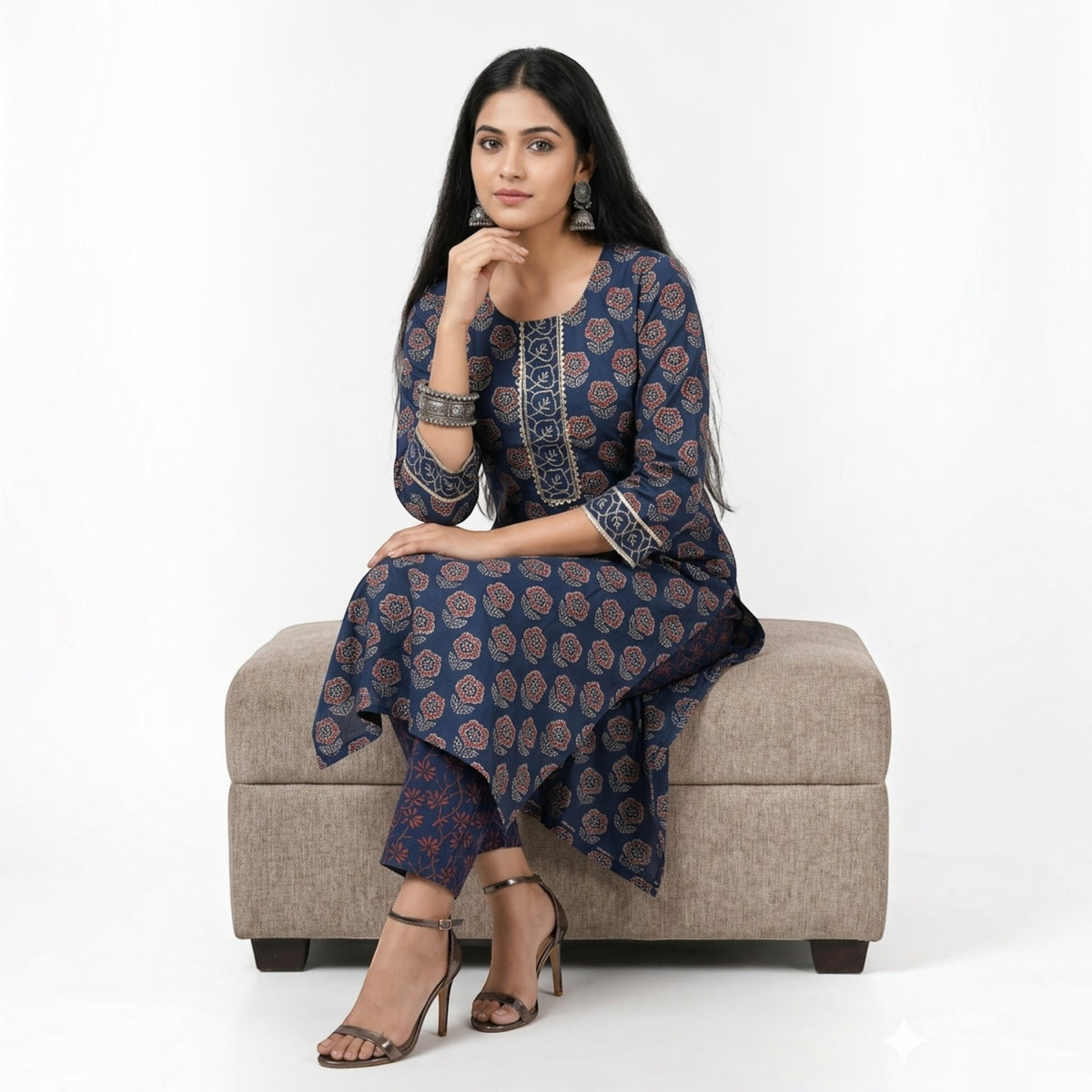 Blue Floral Handblock Cotton Kurta & Pant