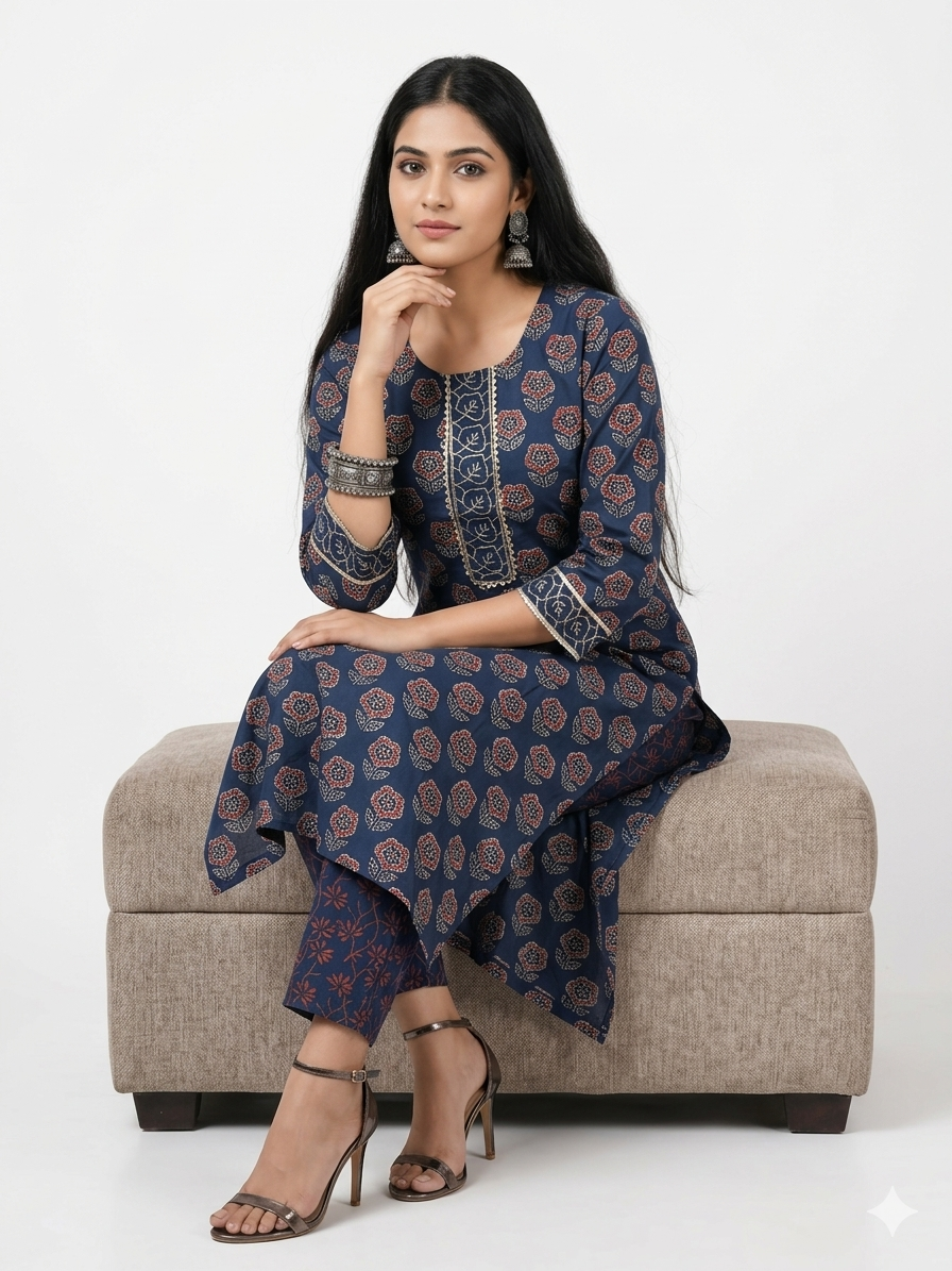 Blue Floral Handblock Cotton Kurta & Pant