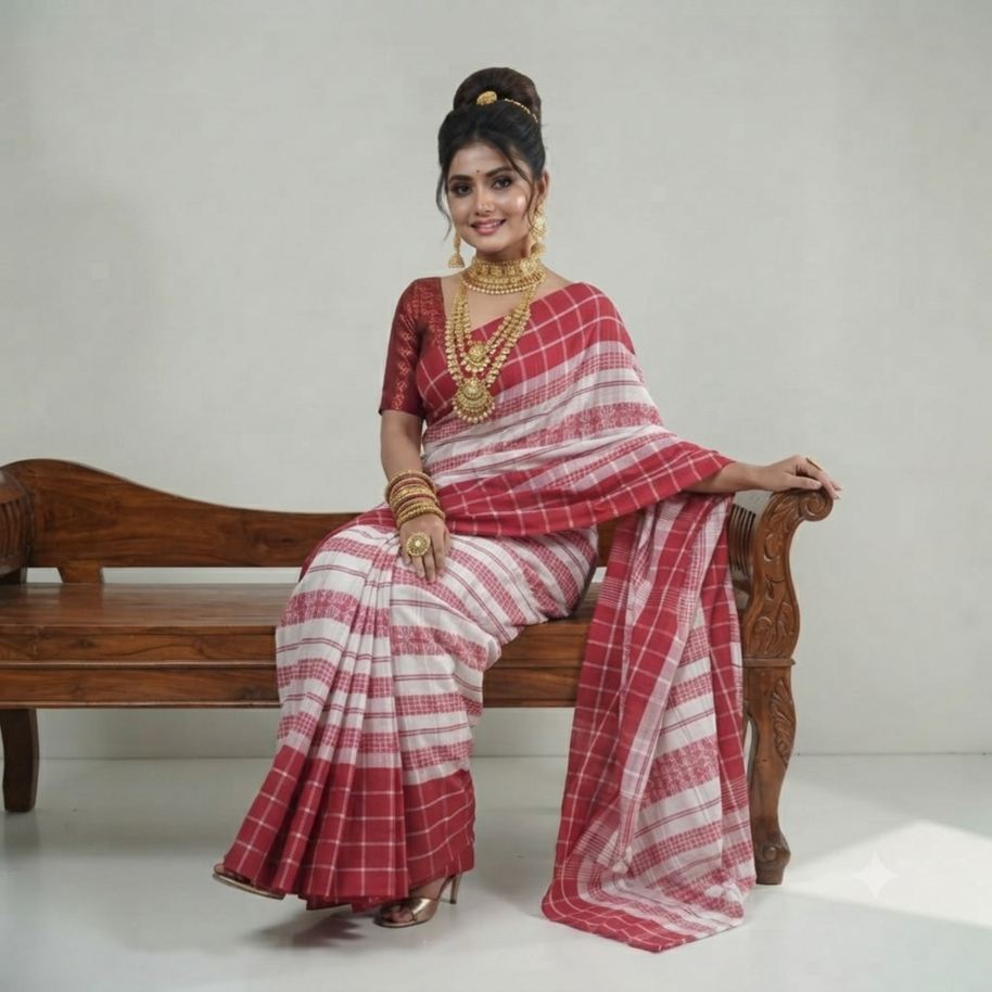 White Red Check Handwoven Cotton Saree