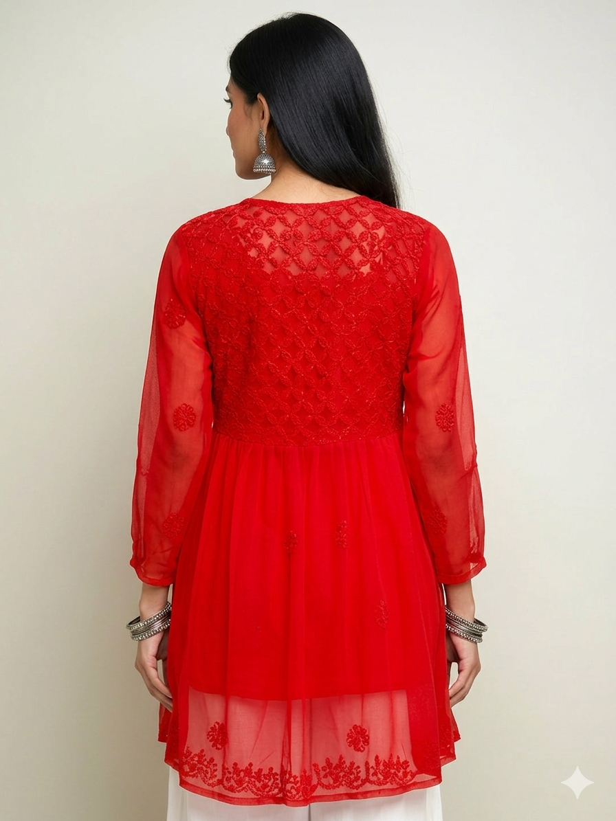 Red Chikankari Georgette Short Kurti