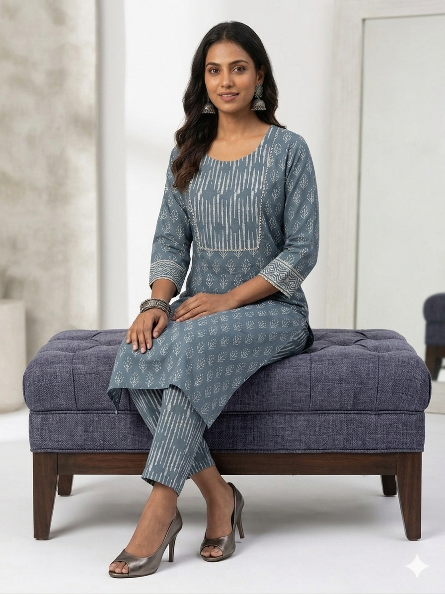 Blue Handblock Cotton Kurta & Pant