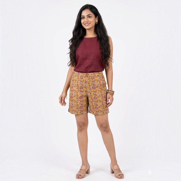 Yellow Handblock Cotton Shorts