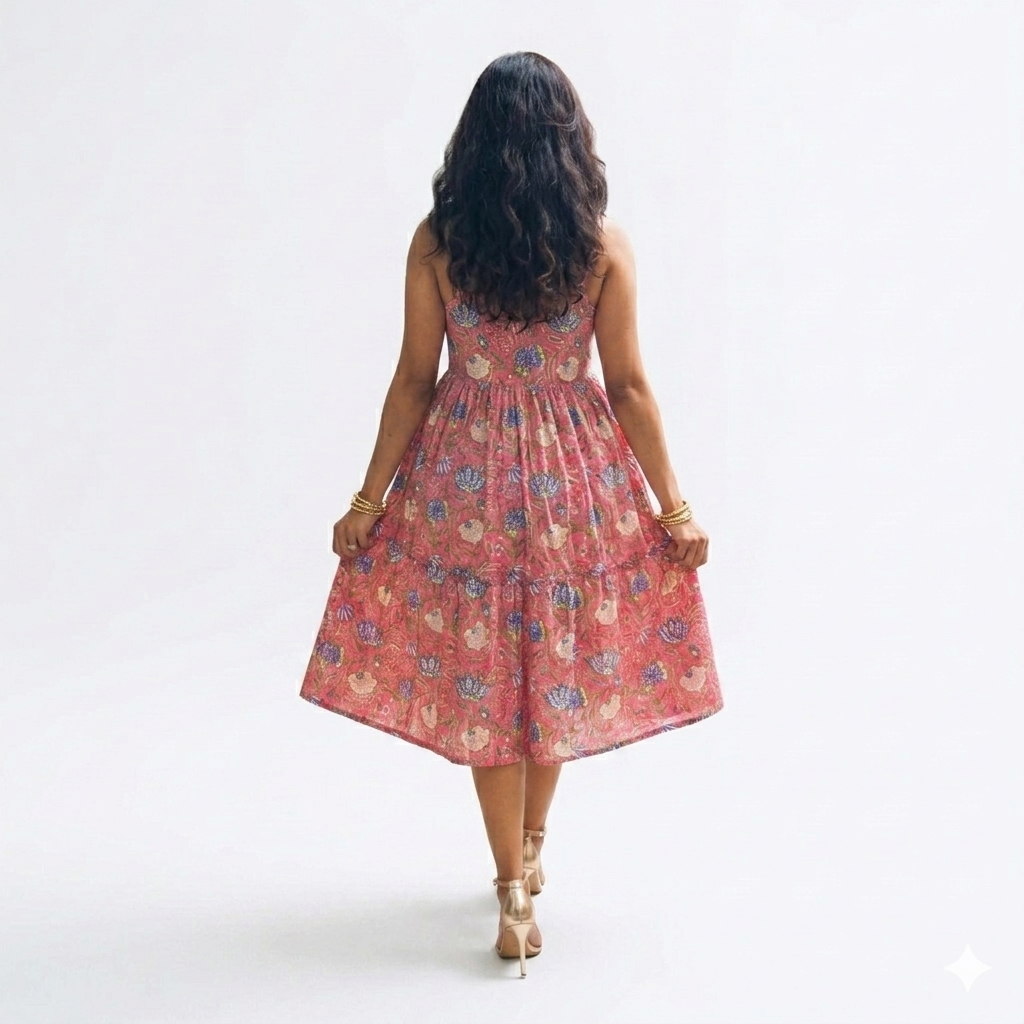 Pink Multicolour Smocking Handblock Cotton Strap Dress