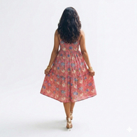 Pink Multicolour Smocking Handblock Cotton Strap Dress