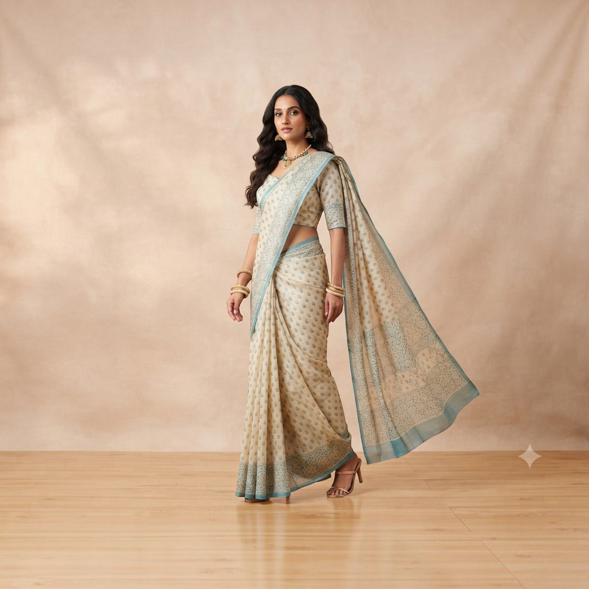 Cream Floral Silk Saree