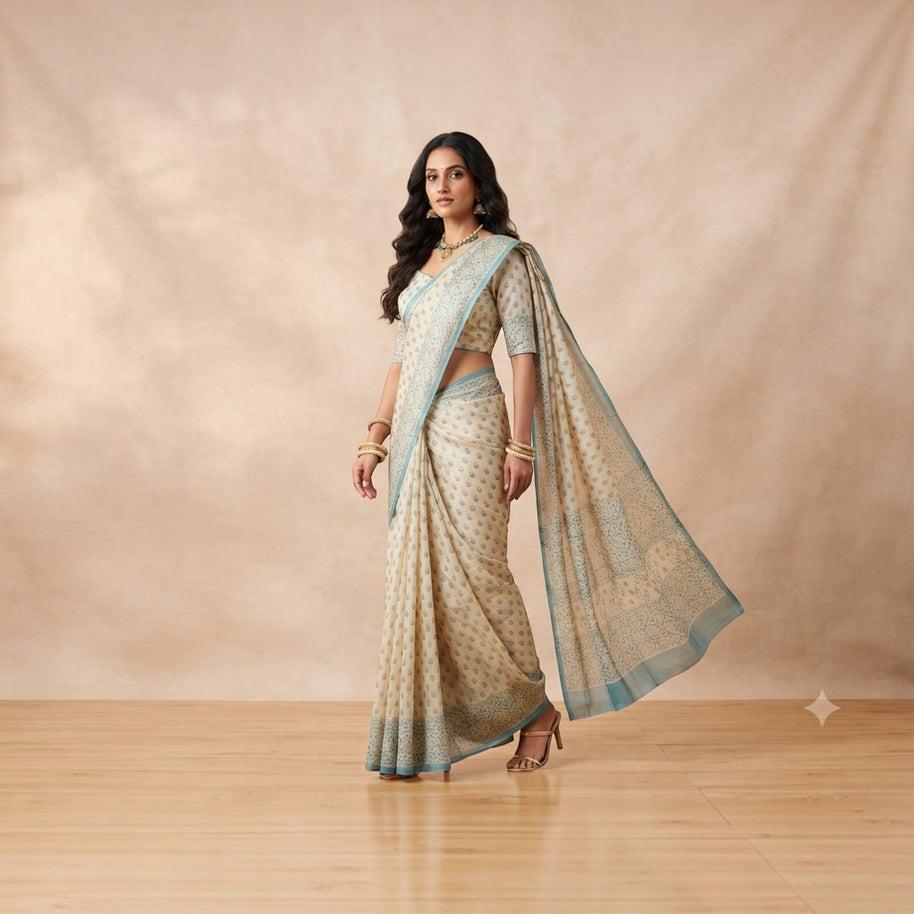 Cream Floral Silk Saree
