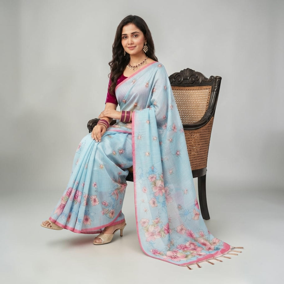 Blue Tussar Floral Silk Saree